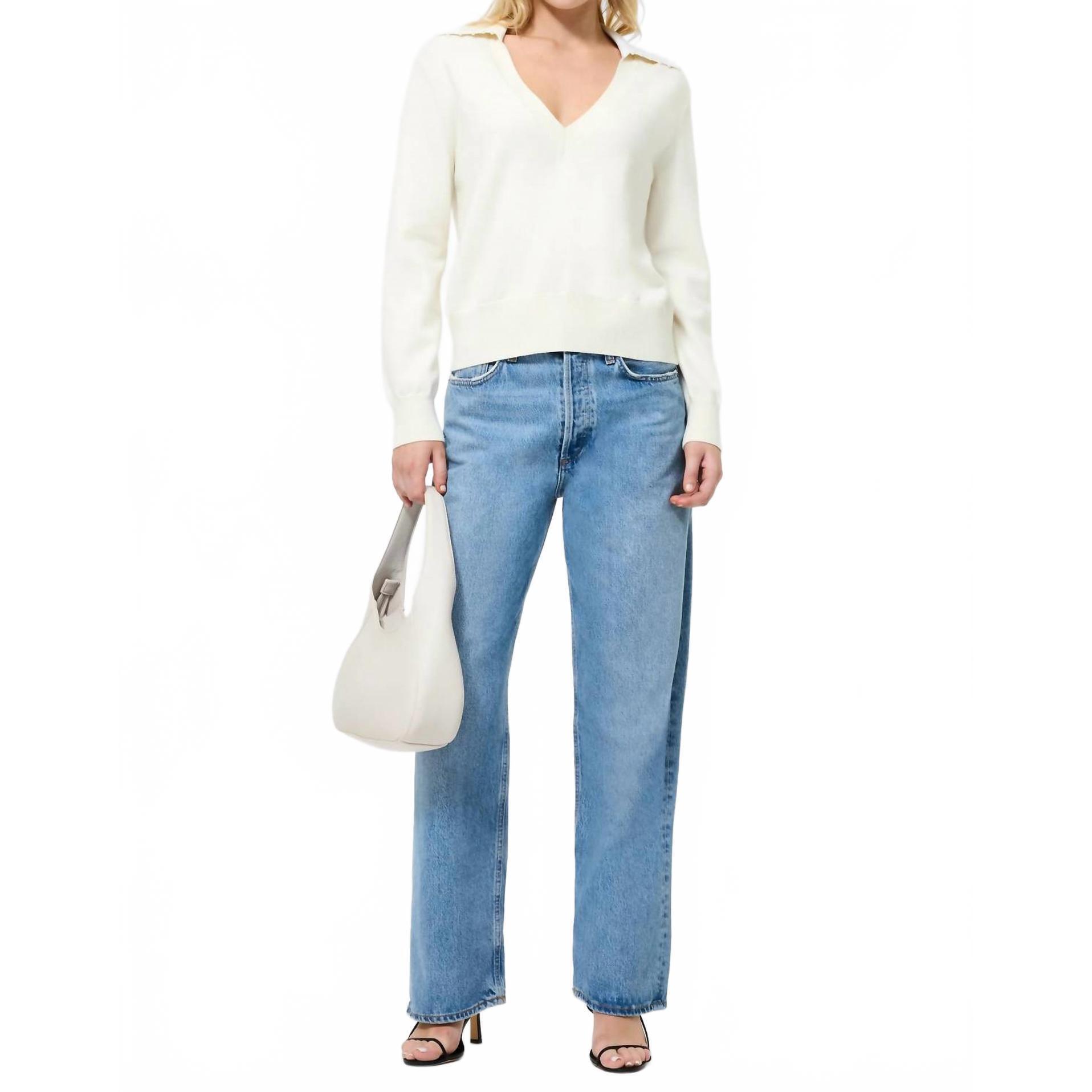 New French Connection Sloane Knit Pearl Collared Sweater In Porcelain Cream